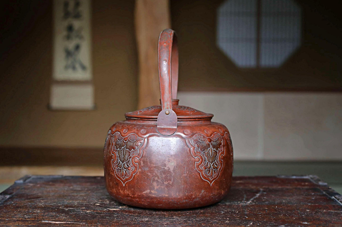 Japanese antique copper kettle tea pot 1930s reddish brown hand metal craft kitchen ware tableware tea pot, tea ceremony H8.9in/H22.5cm