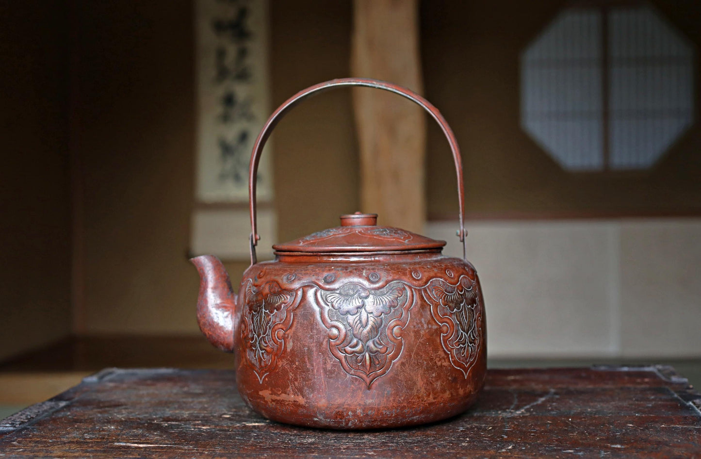 Japanese antique copper kettle tea pot 1930s reddish brown hand metal craft kitchen ware tableware tea pot, tea ceremony H8.9in/H22.5cm