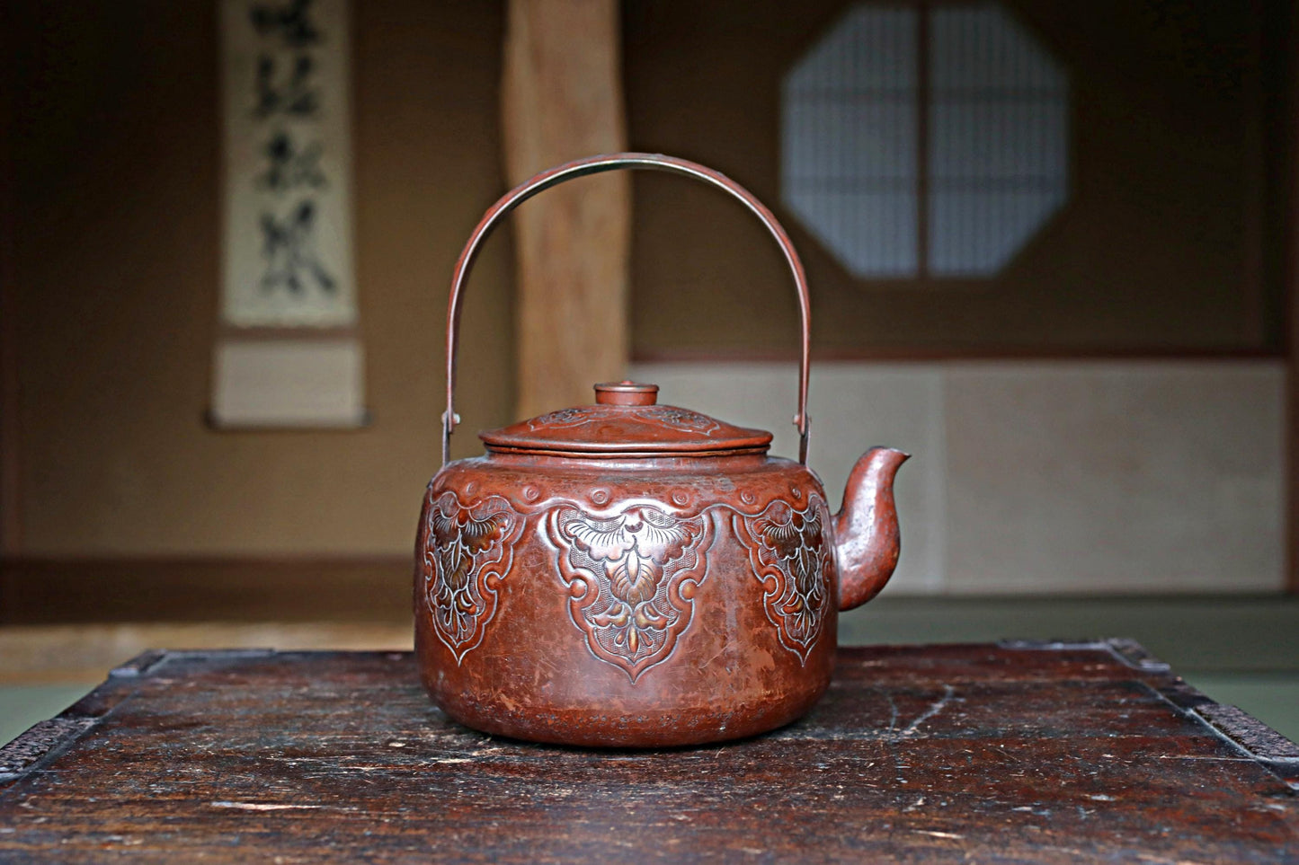 Japanese antique copper kettle tea pot 1930s reddish brown hand metal craft kitchen ware tableware tea pot, tea ceremony H8.9in/H22.5cm