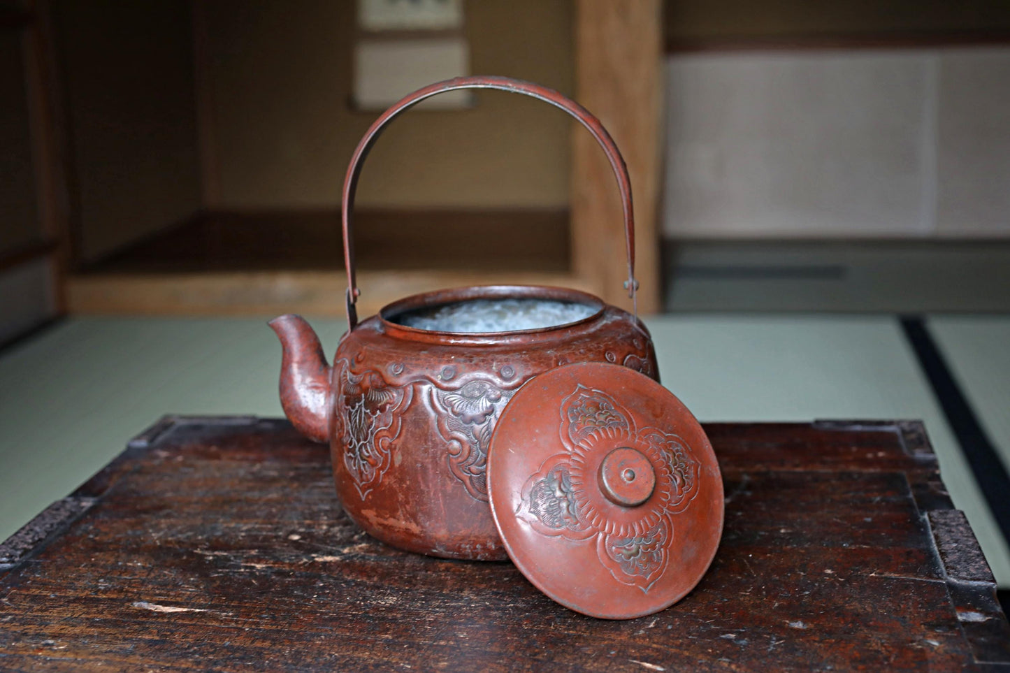 Japanese antique copper kettle tea pot 1930s reddish brown hand metal craft kitchen ware tableware tea pot, tea ceremony H8.9in/H22.5cm