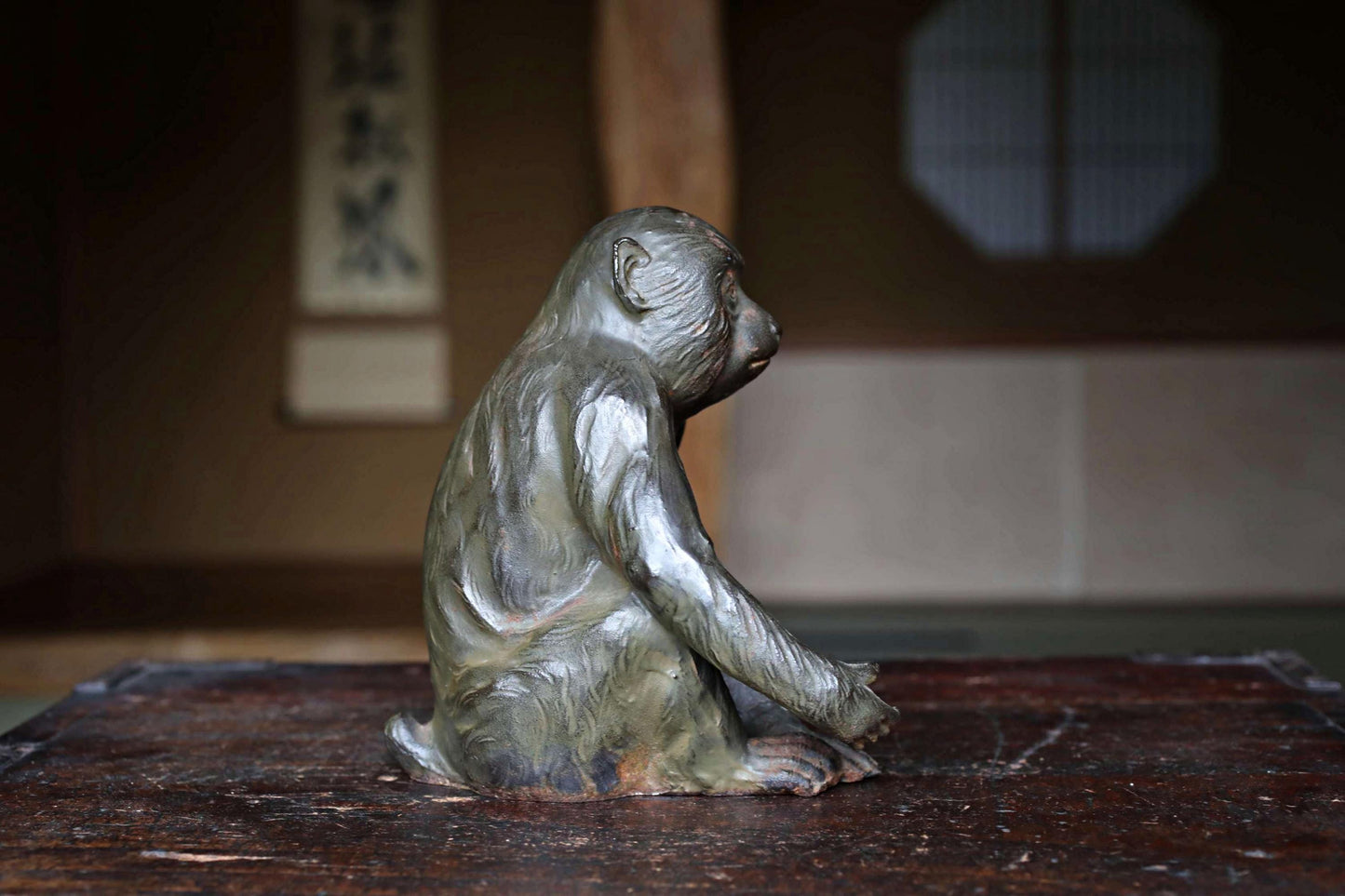 Japanese vintage cast iron monkey statue ornament doll with sign 1970s Japanese interior vintage metal craft animal H7.1×5.5in/H18×14cm