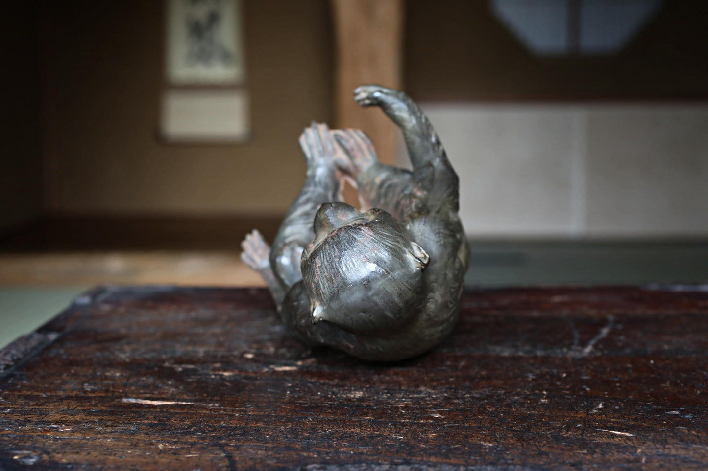 Japanese vintage cast iron monkey statue ornament doll with sign 1970s Japanese interior vintage metal craft animal H7.1×5.5in/H18×14cm