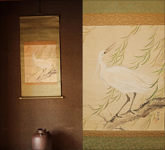 Japanese vintage hanging scroll of water color painting with White egret birds, Willow, KAKEJIKU Light yellowish green H51.6in/H131cm
