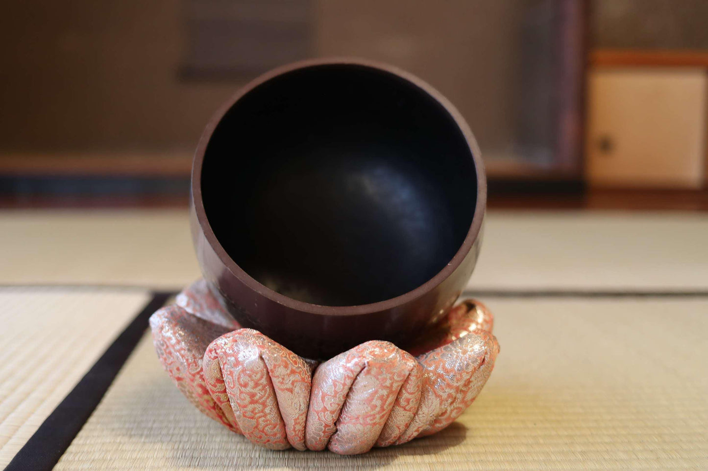 Japanese vintage Bronze buddhist chanting bell with Kanji sign 栄龍, Singing Bowl, ORIN Buddhist temple with silk cushion stick 7.4in/18.7cm