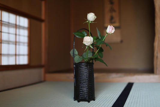 Japanese antique bronze Ornament vase shaped as bamboo basket 高岡Takaoka copper ware ikebana utensil Tea ceremony, H16.5in/H42cm