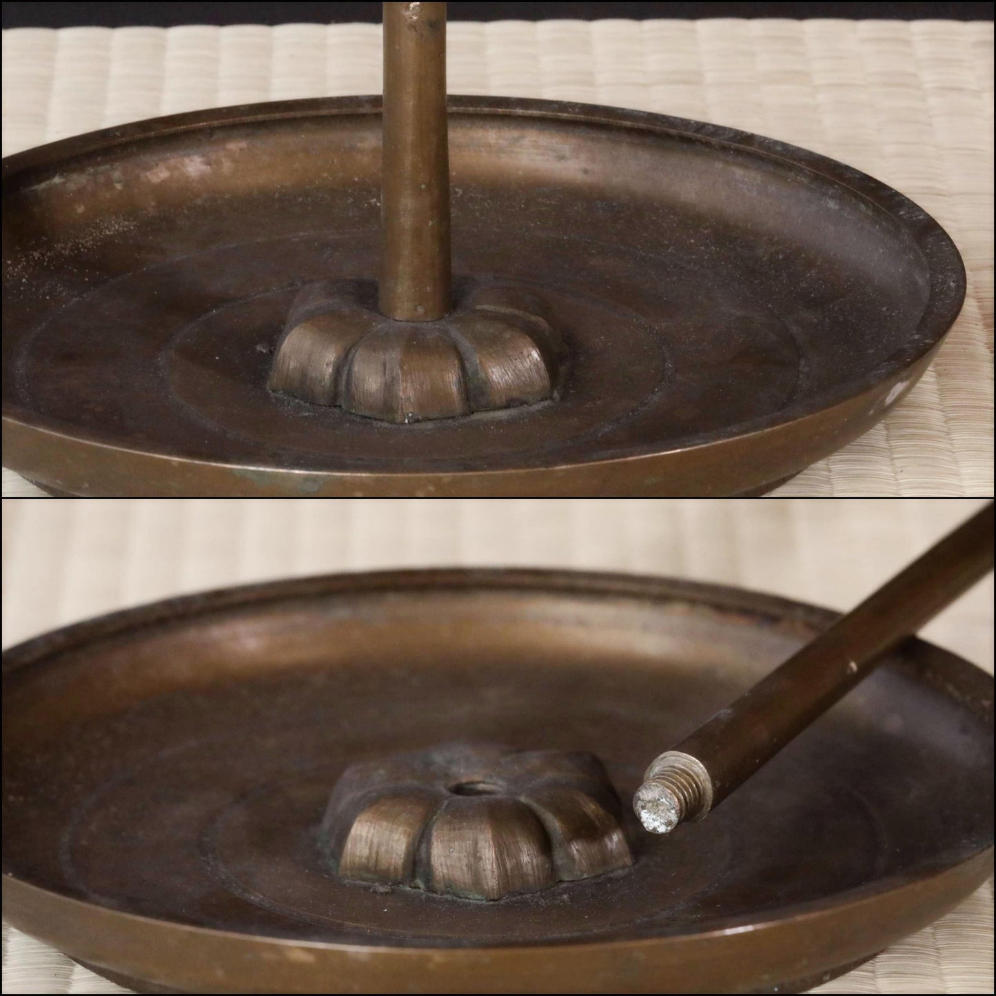 FINE! Japan Antique 1870s bronze candle stand tall Candlestick metal Lantern Shokudai hand craft SAMURAI Buddhist temple Edo H27.2in/H69cm