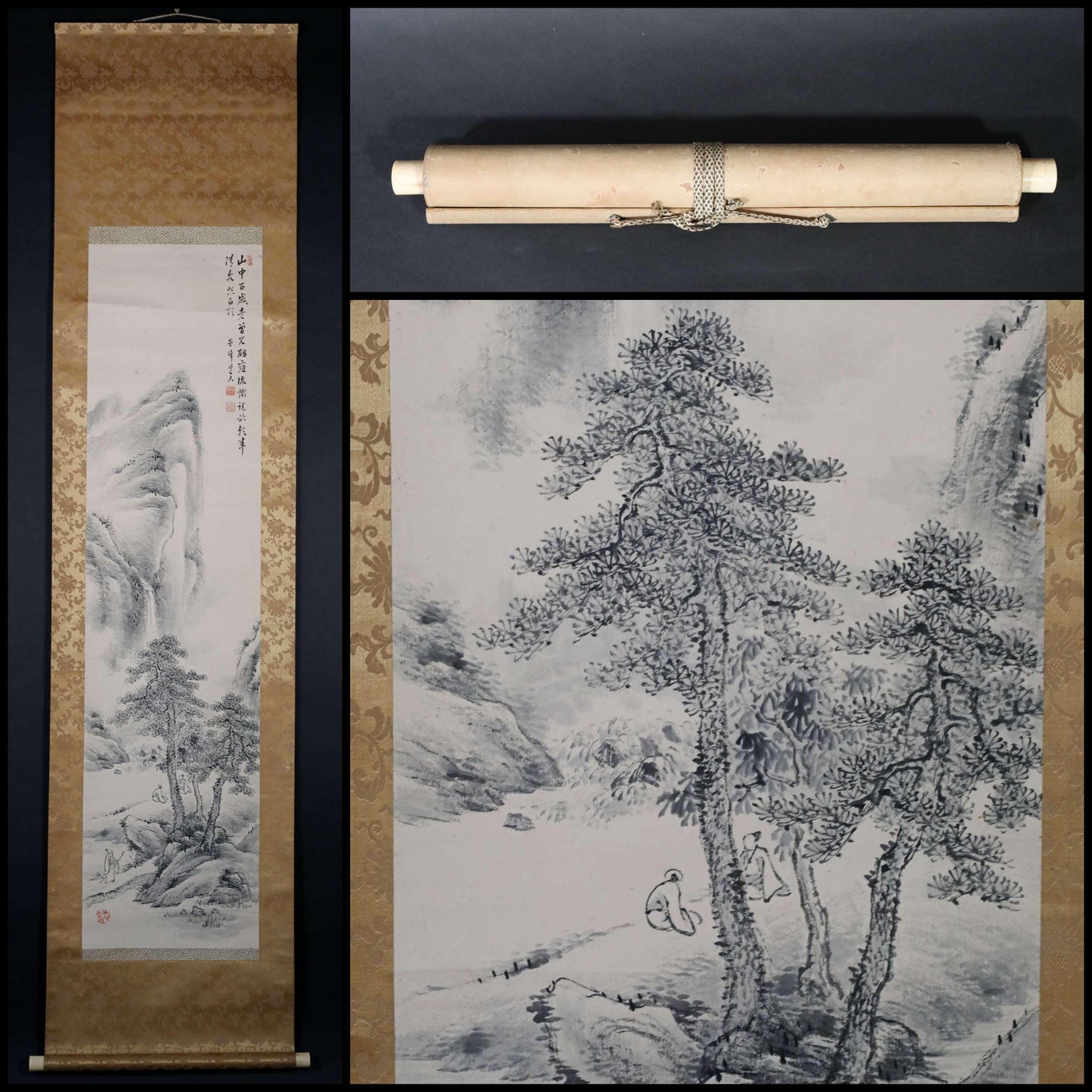 Japanese antique brush ink painting scroll fine Landscape in mountain waterfall hermit, Kanji sign, Silk KAKEJIKU H75.2×19.7in/H191x50cm