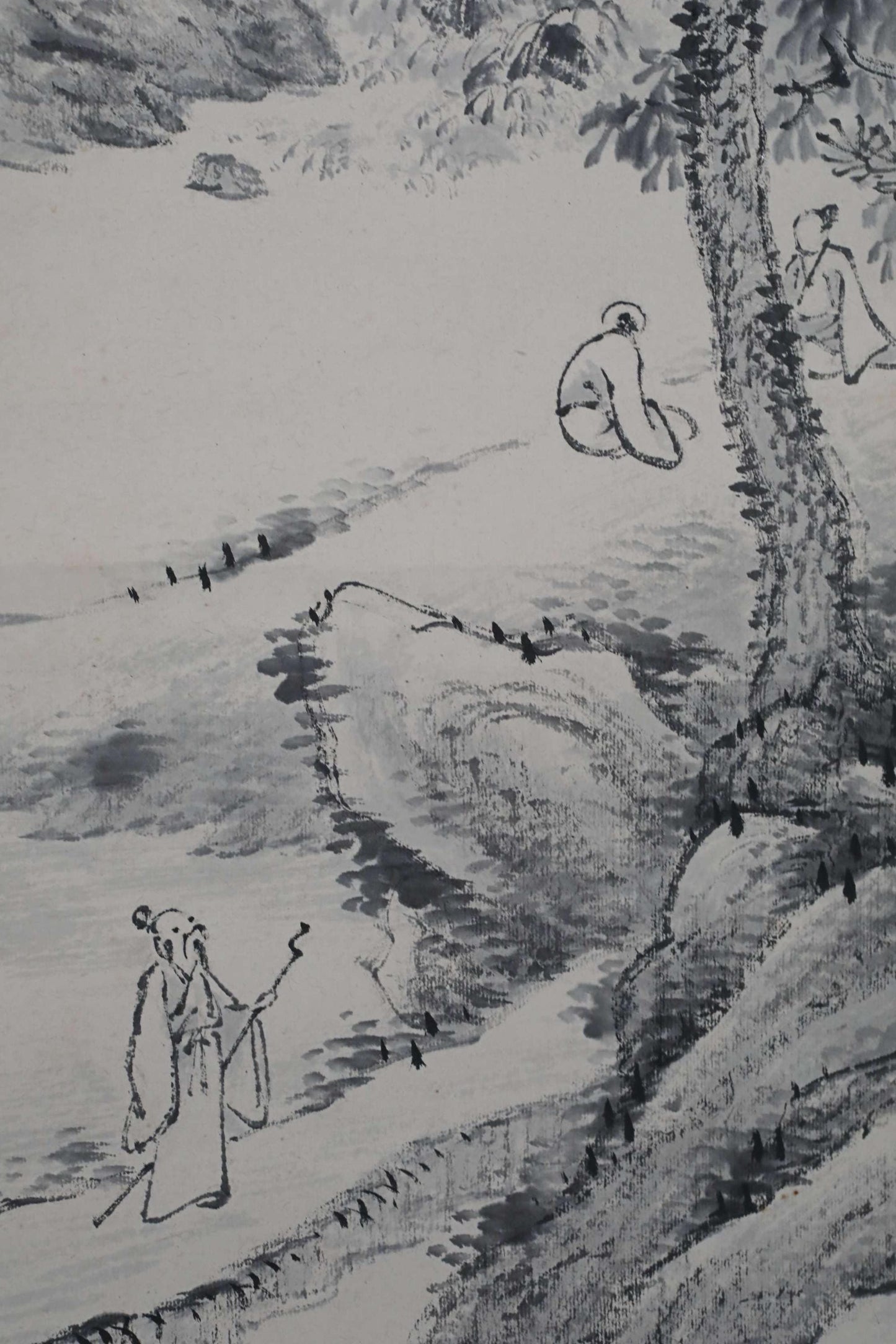 Japanese antique brush ink painting scroll fine Landscape in mountain waterfall hermit, Kanji sign, Silk KAKEJIKU H75.2×19.7in/H191x50cm