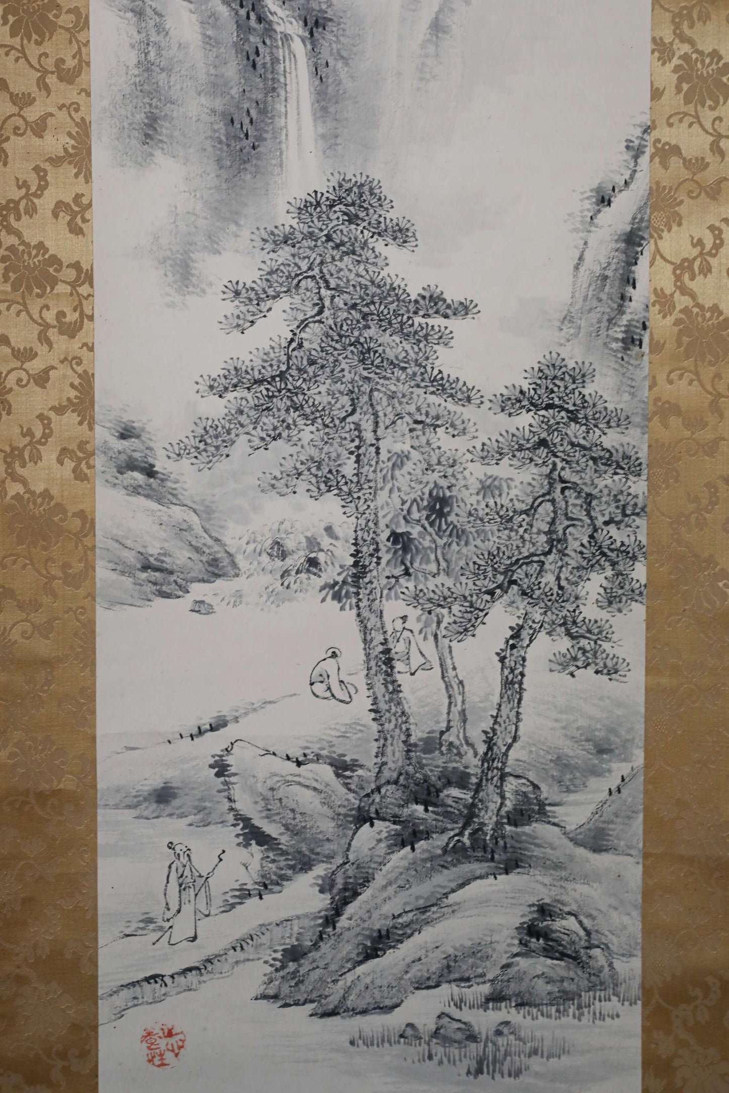Japanese antique brush ink painting scroll fine Landscape in mountain waterfall hermit, Kanji sign, Silk KAKEJIKU H75.2×19.7in/H191x50cm