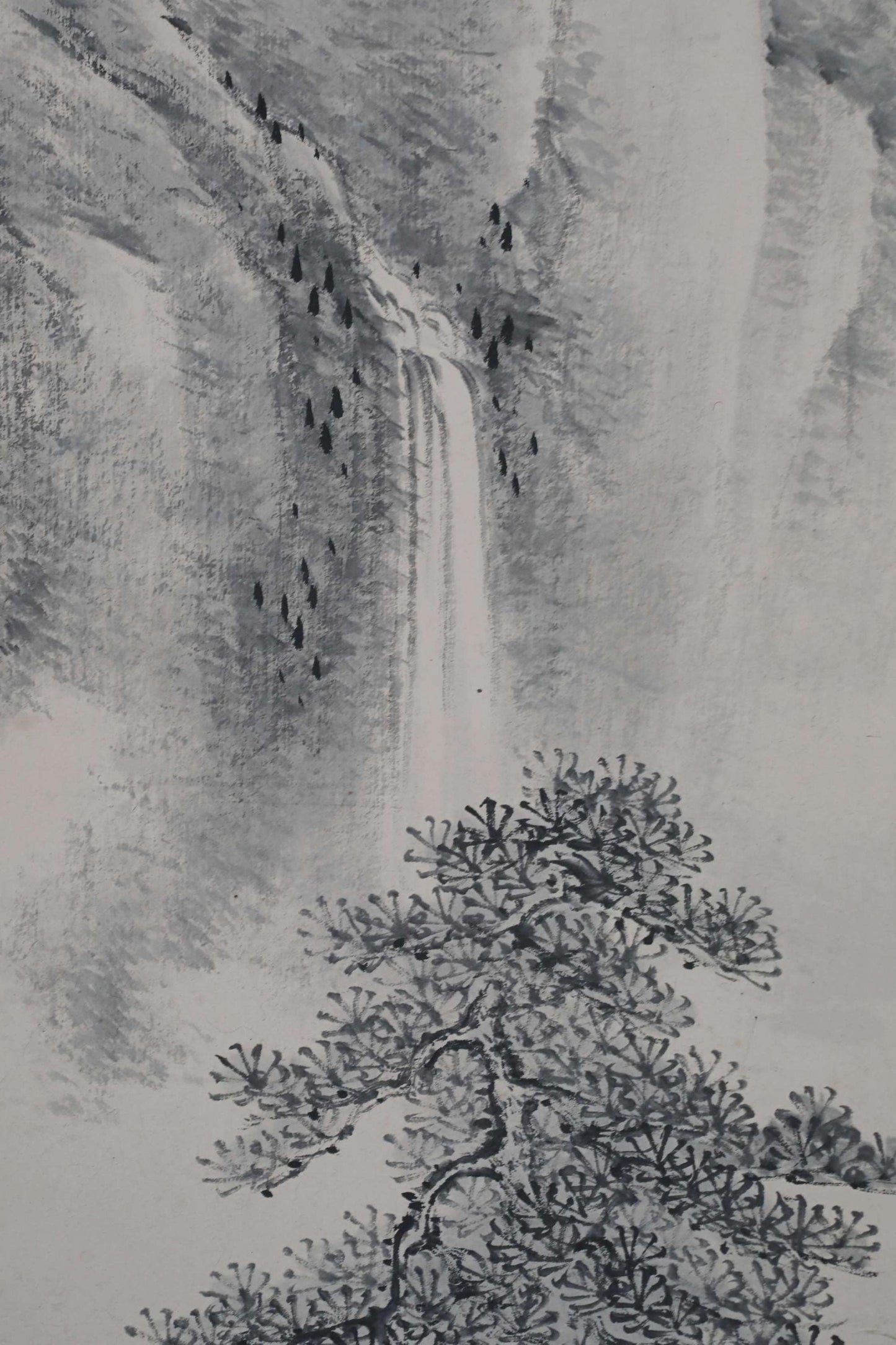 Japanese antique brush ink painting scroll fine Landscape in mountain waterfall hermit, Kanji sign, Silk KAKEJIKU H75.2×19.7in/H191x50cm