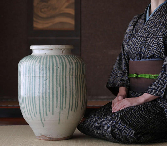 BIG! FINE! Japanese antique ceramic jar SHIGARAKI ware 1890s, Beautiful blue-green stripes like a waterfall, H19.3xW14.6/H49xW37cm