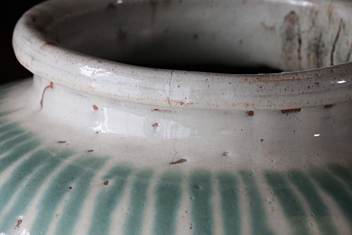 BIG! FINE! Japanese antique ceramic jar SHIGARAKI ware 1890s, Beautiful blue-green stripes like a waterfall, H19.3xW14.6/H49xW37cm