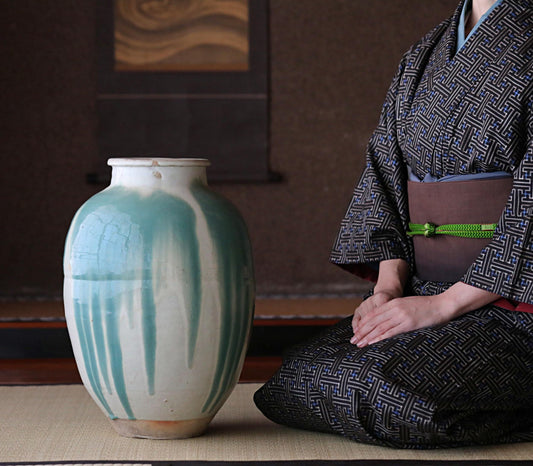 BIG! FINE! Japanese antique ceramic jar SHIGARAKI ware 1920s, Beautiful blue-green stripes like a waterfall, H17.3xW12.2/H44xW31cm