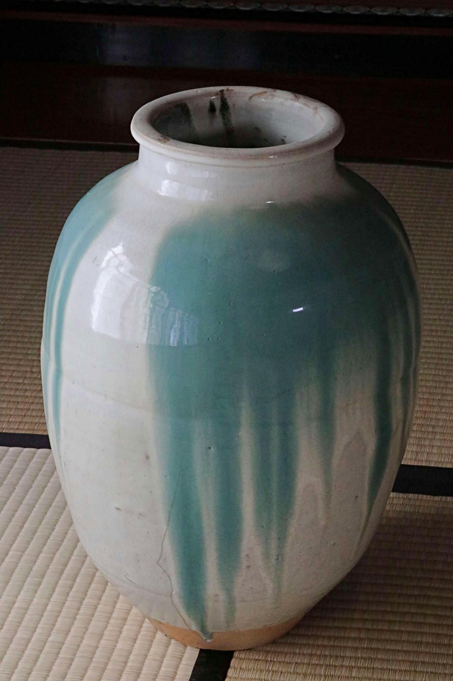 BIG! FINE! Japanese antique ceramic jar SHIGARAKI ware 1920s, Beautiful blue-green stripes like a waterfall, H17.3xW12.2/H44xW31cm