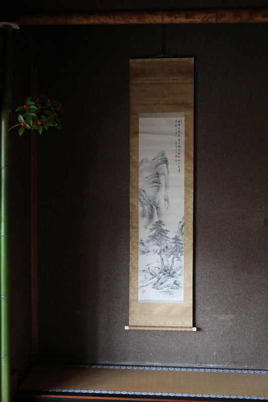 Japanese antique brush ink painting scroll fine Landscape in mountain waterfall hermit, Kanji sign, Silk KAKEJIKU H75.2×19.7in/H191x50cm