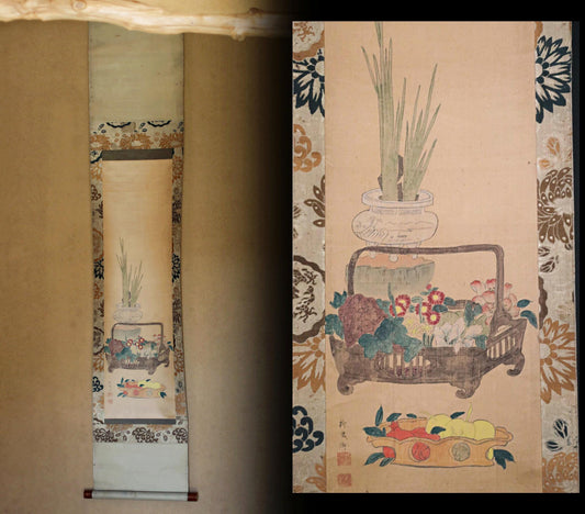 Japanese antique hanging scroll of water color painting on silk, ikebana, flower basket, Fruits KAKEJIKU with BOX 1920s H61in/H155cm