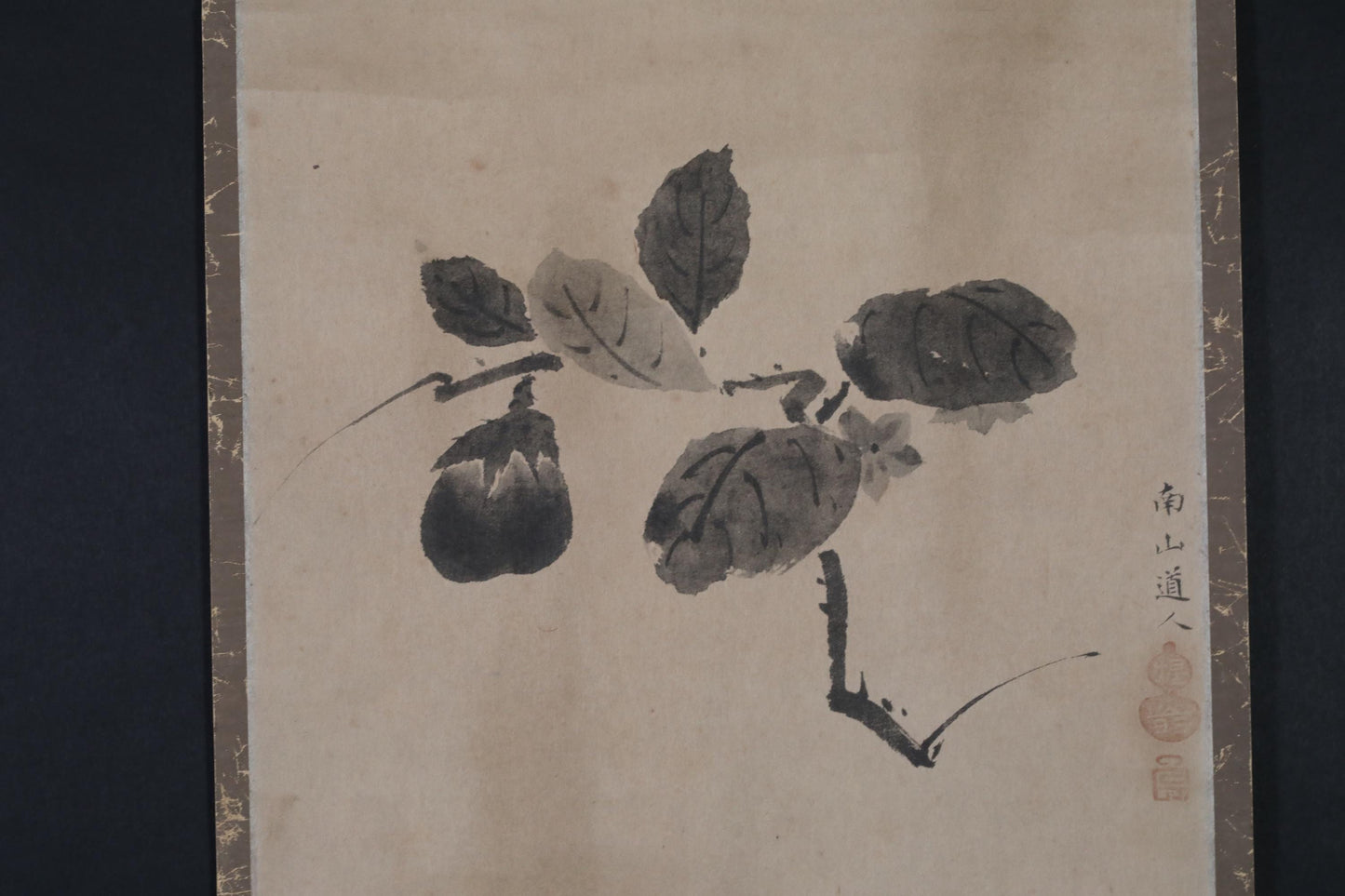 Japanese vintage hanging scroll for tea room Ink painting of eggplant with sign by buddhist monk sign box reproduction H45.7in/116cm