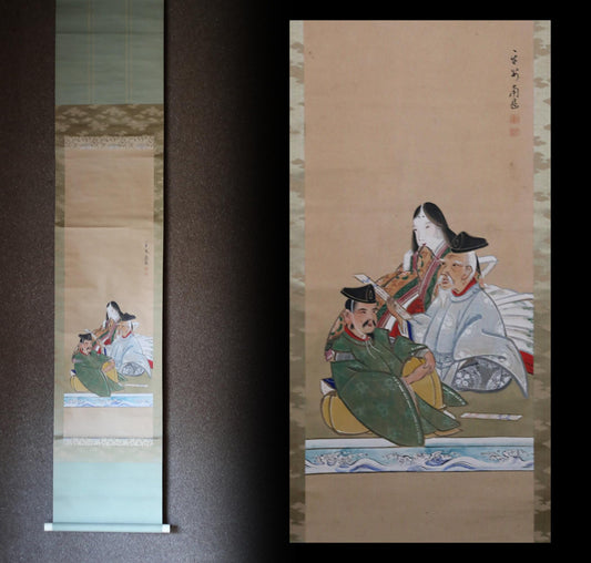 Japanese antique watercolor painting scroll of three nobles by Nangaku imitation, KAKEJIKU with BOX in 1900s Kanji signature H72in/H183cm