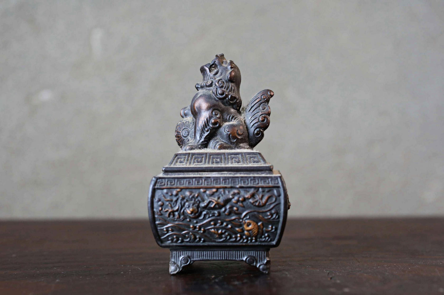 Japanese antique bronze small censer incense holder with shishi lion sign ,Smoke from the lion's mouth For GIFT H3.9in/H10cm