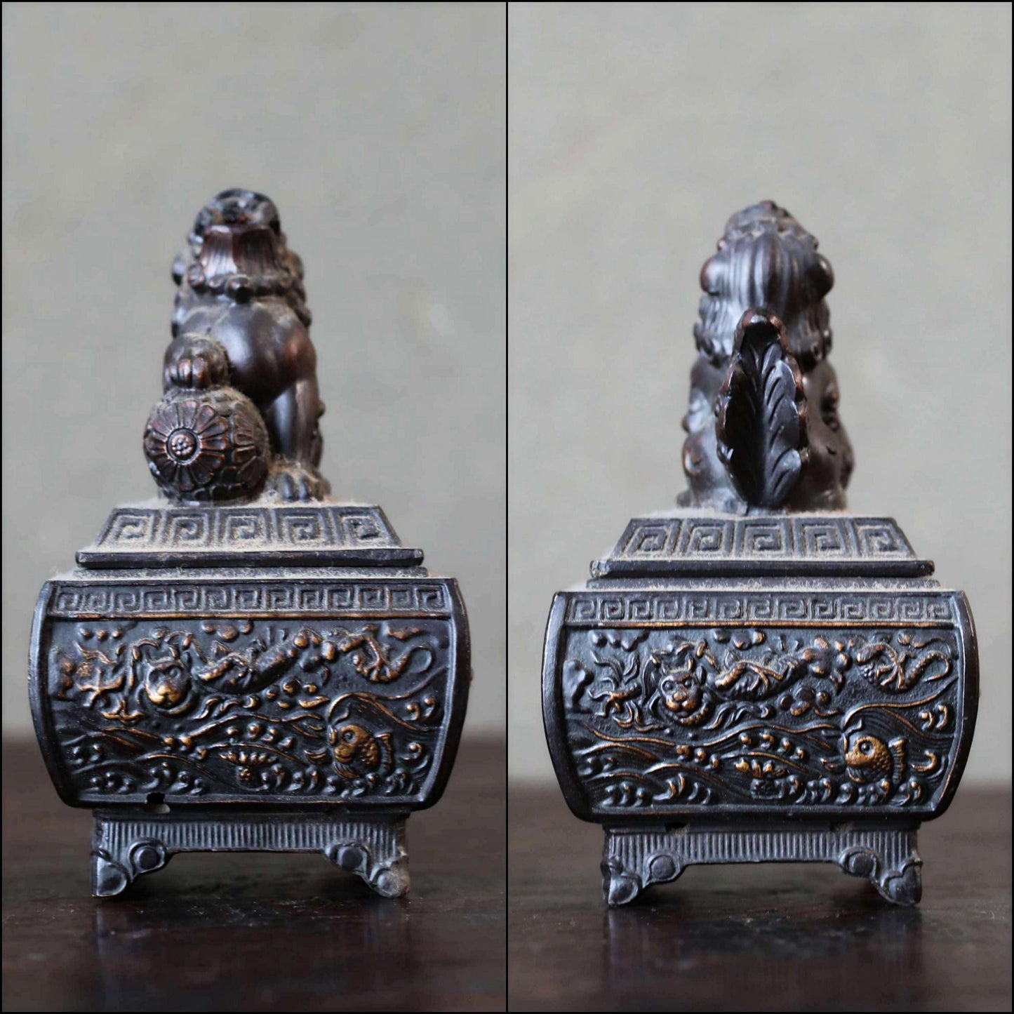 Japanese antique bronze small censer incense holder with shishi lion sign ,Smoke from the lion's mouth For GIFT H3.9in/H10cm