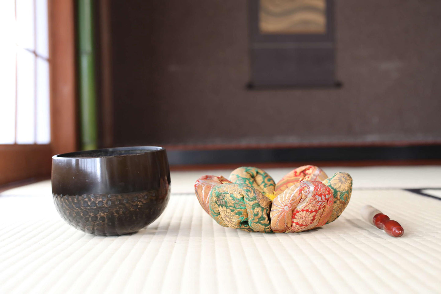 Japanese vintage Bronze buddhist chanting bell with flower design cushion, Singing Bowl, ORIN Buddhist temple with stick W5.5in/14cm
