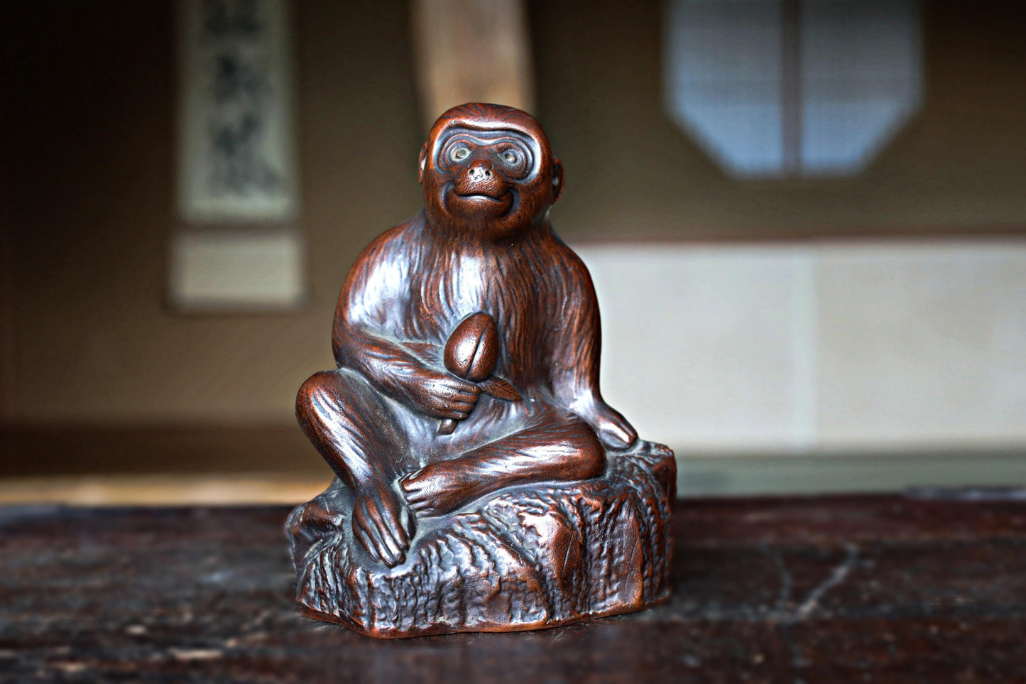 Japanese antique 1800s BIZEN Monkey with fruit doll statue with Kanji signature, animal ornament ceramic statue hand craft H5.9in/H15cm