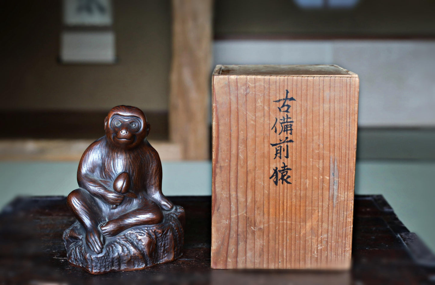 Japanese antique 1800s BIZEN Monkey with fruit doll statue with Kanji signature, animal ornament ceramic statue hand craft H5.9in/H15cm