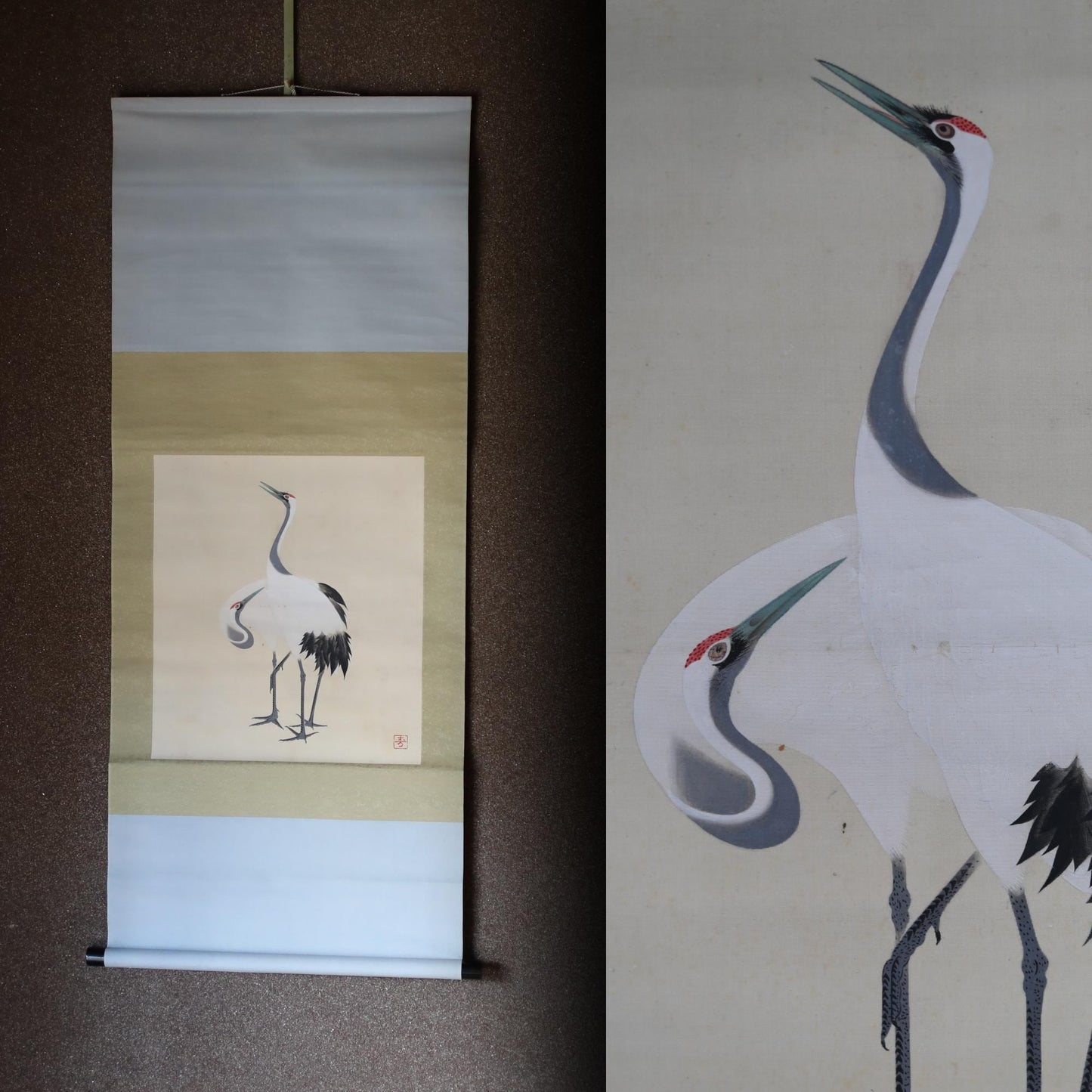 Japanese vintage hanging scroll of water color painting, a pair of cranes, celebrating a new year Kakejiku furniture H49.2×20.1in / 125x51cm