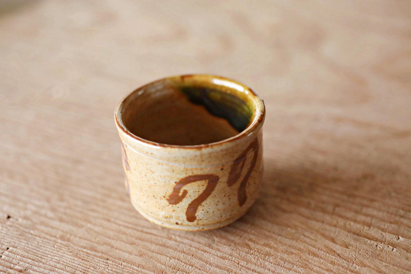 Japanese vintage kiln art sake cup Oribe green with sign "sakazuki" "guinomi" with wooden box Calligraphy For GIFT 1.8in×2.4in/4.5×6cm