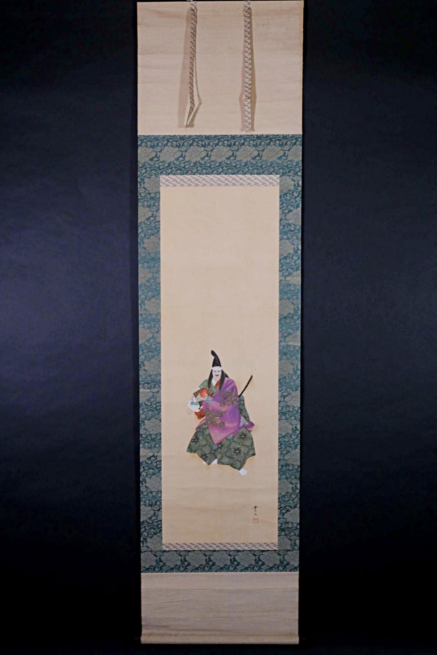 Japanese antique 1930s painting hanging scroll of water color Noh mask red eye kimono dancing with silk KAKEJIKU wooden box H75.6in/H192cm