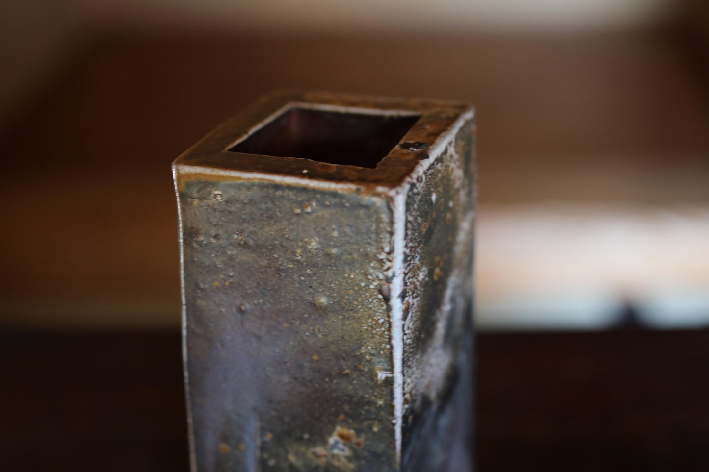 Japanese vintage vase "BIZEN ware" pottery flower vase, rhombus tube shape with a signatured wooden box H7.7xW3.5in/ 19.5x9cm