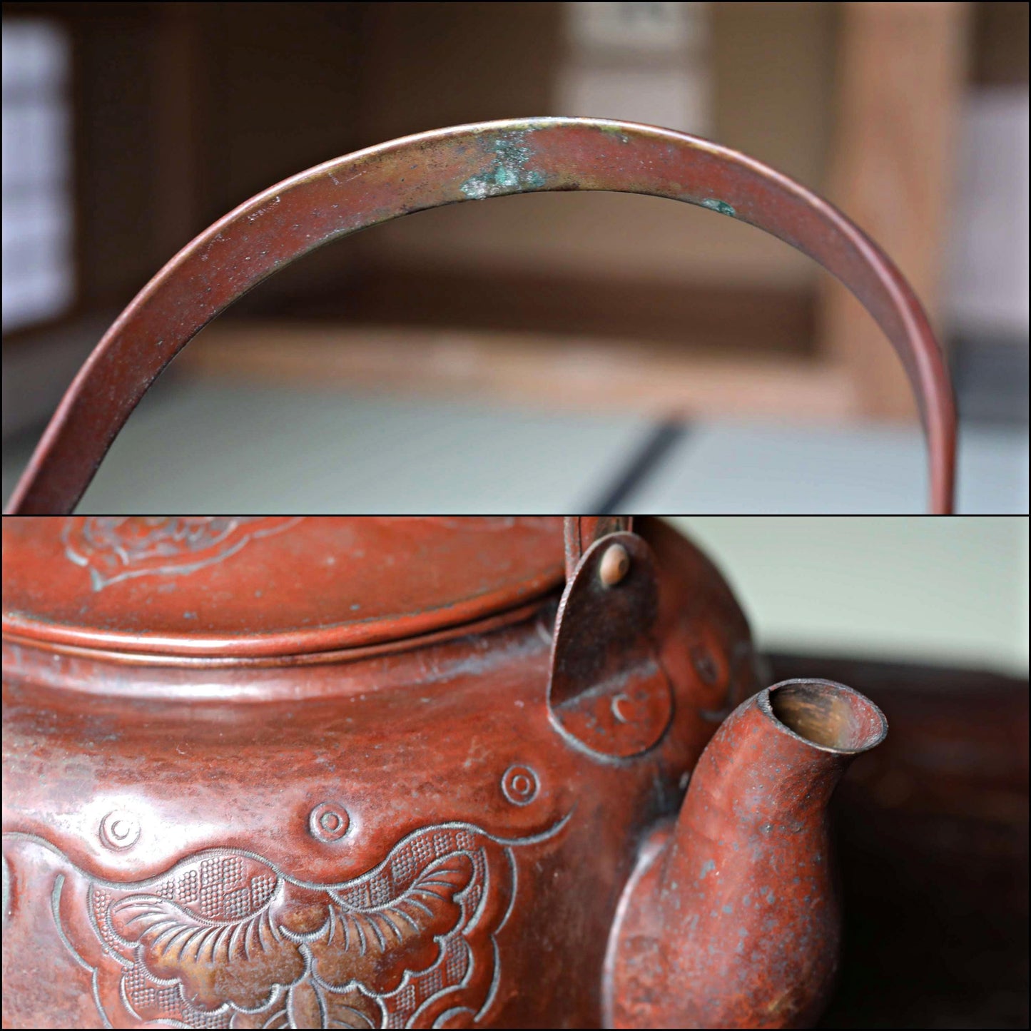 Japanese antique copper kettle tea pot 1930s reddish brown hand metal craft kitchen ware tableware tea pot, tea ceremony H8.9in/H22.5cm