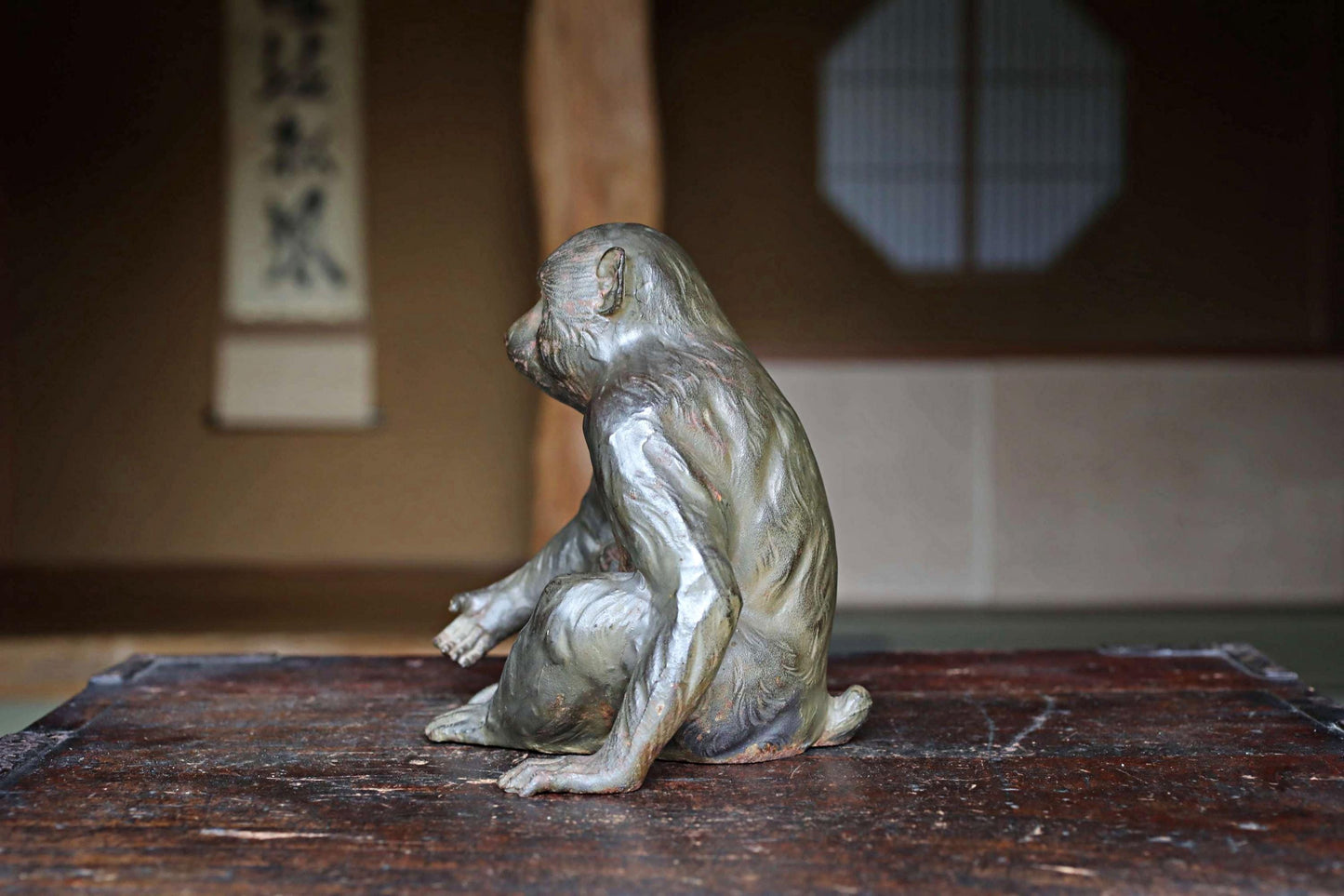 Japanese vintage cast iron monkey statue ornament doll with sign 1970s Japanese interior vintage metal craft animal H7.1×5.5in/H18×14cm