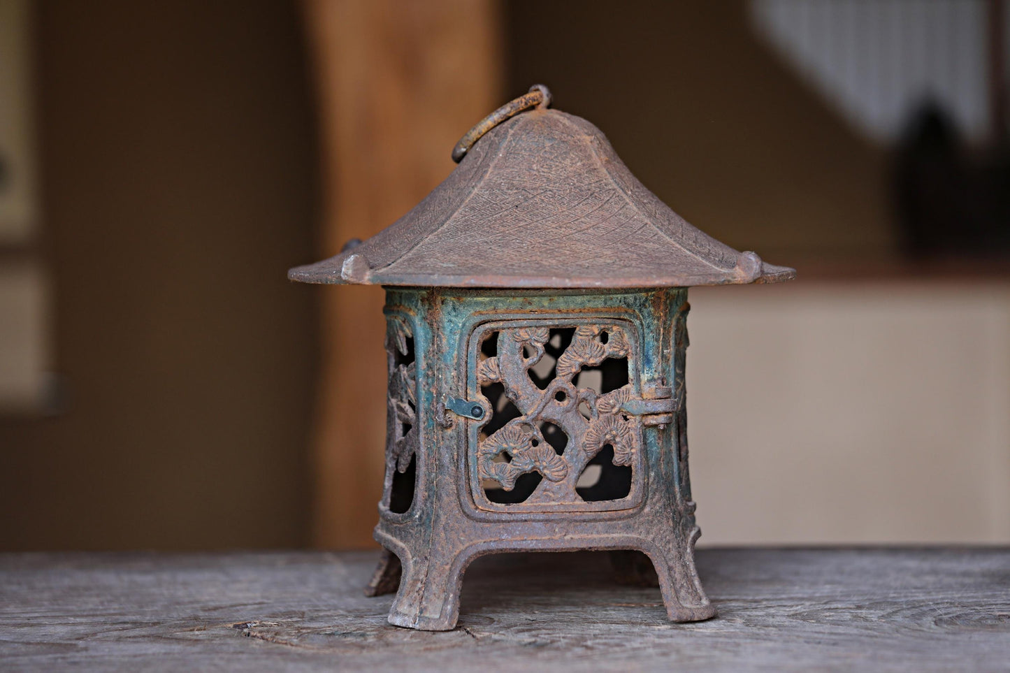 Japanese vintage cast iron metal Lantern, garden lamp, Hanging Lantern furniture Tsuridoro Andon with Pine Bamboo fretwork H10.2in/H26cm