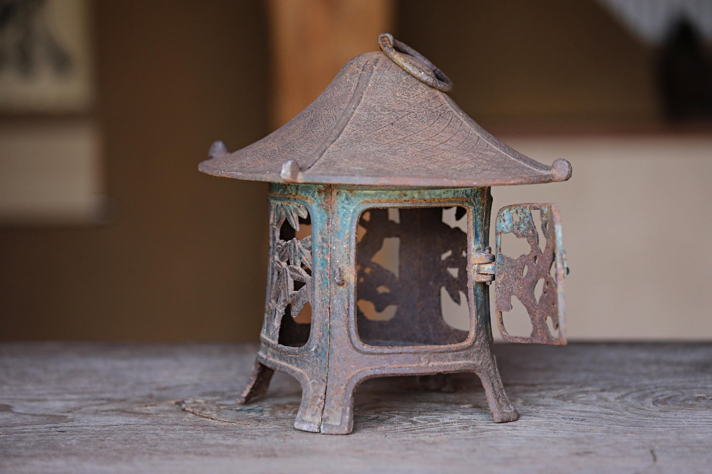 Japanese vintage cast iron metal Lantern, garden lamp, Hanging Lantern furniture Tsuridoro Andon with Pine Bamboo fretwork H10.2in/H26cm