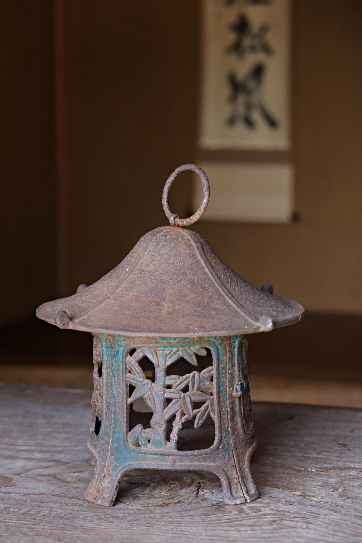 Japanese vintage cast iron metal Lantern, garden lamp, Hanging Lantern furniture Tsuridoro Andon with Pine Bamboo fretwork H10.2in/H26cm