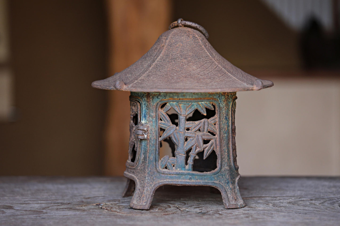 Japanese vintage cast iron metal Lantern, garden lamp, Hanging Lantern furniture Tsuridoro Andon with Pine Bamboo fretwork H10.2in/H26cm