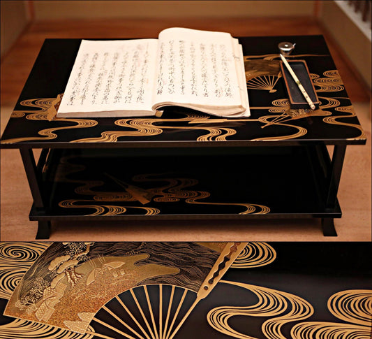 FINE! Japanese antique furniture MAKIE gold low table lacquer pedestal with water pattern, Buddhist Sutra desk H8.7×21.7in/H22×32.5cm