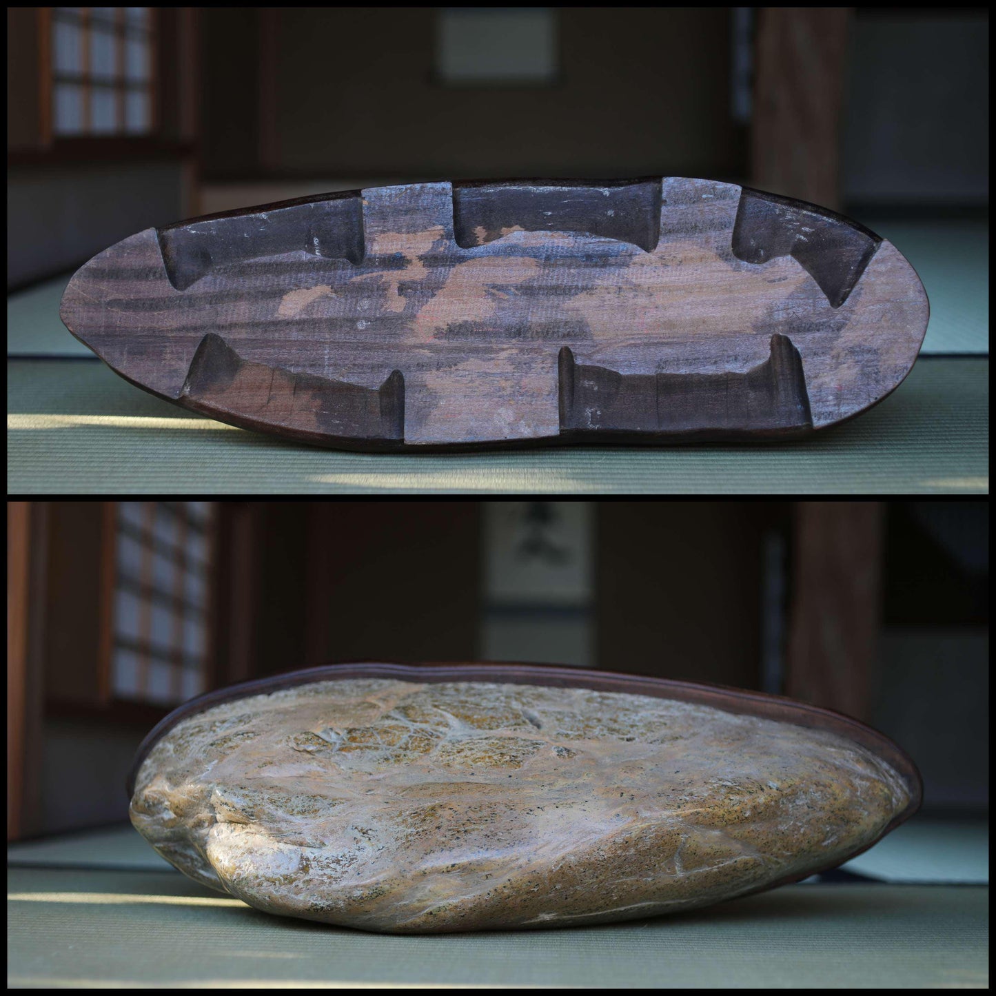 BIG! Japanese old "SUISEKI" scholars stone, indoor viewing stone, animism, with a hand carved pedestal Power stone H5.9xW21.3in/24x54cm