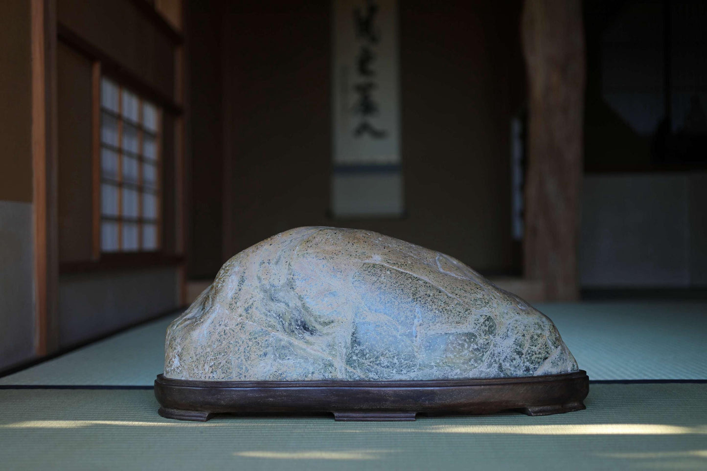 BIG! Japanese old "SUISEKI" scholars stone, indoor viewing stone, animism, with a hand carved pedestal Power stone H5.9xW21.3in/24x54cm