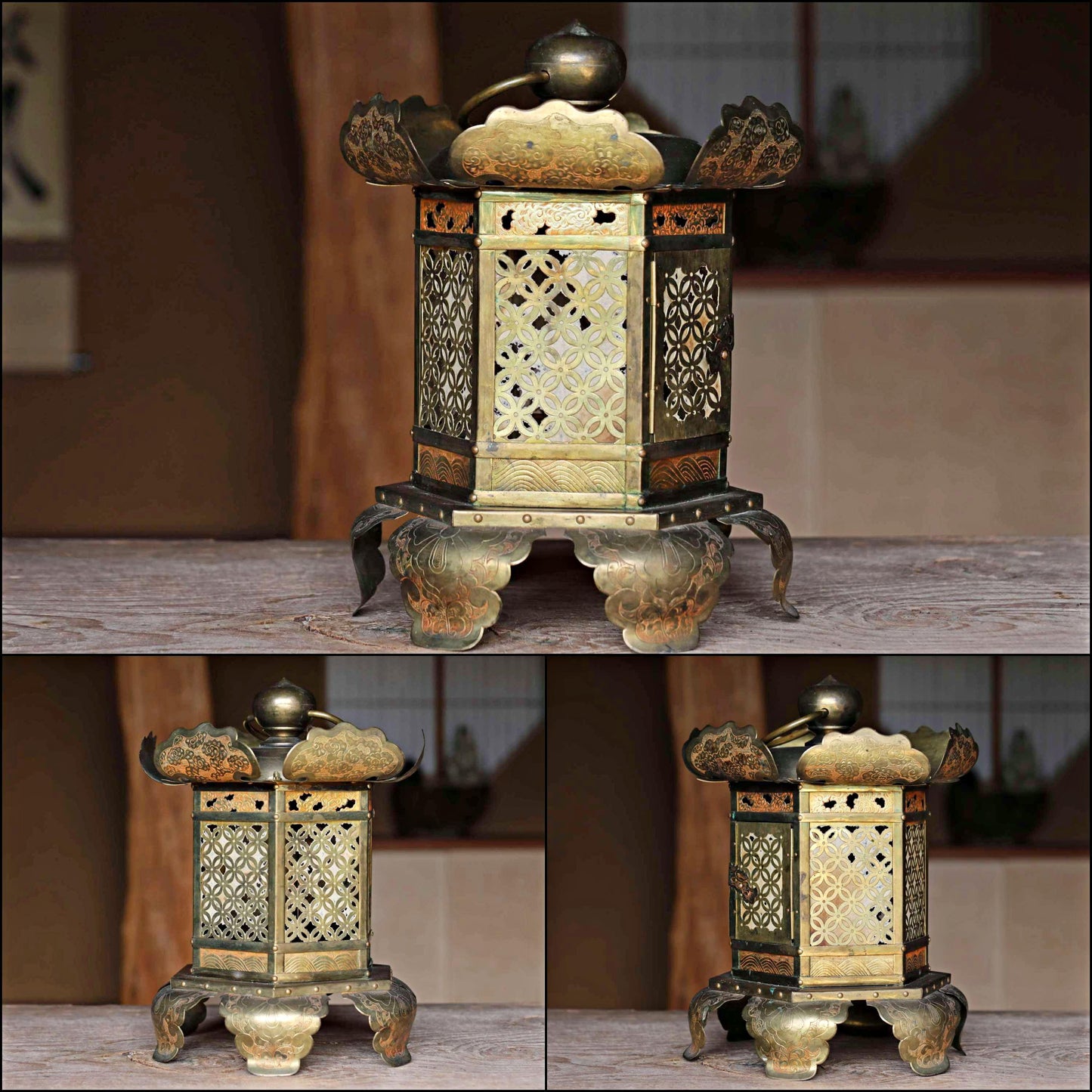 FINE! 1897s Japanese Antiques buddhist hanging lantern gold brass metal hexagonal , lotus design, from Buddhist temple H13.8in/H35cm
