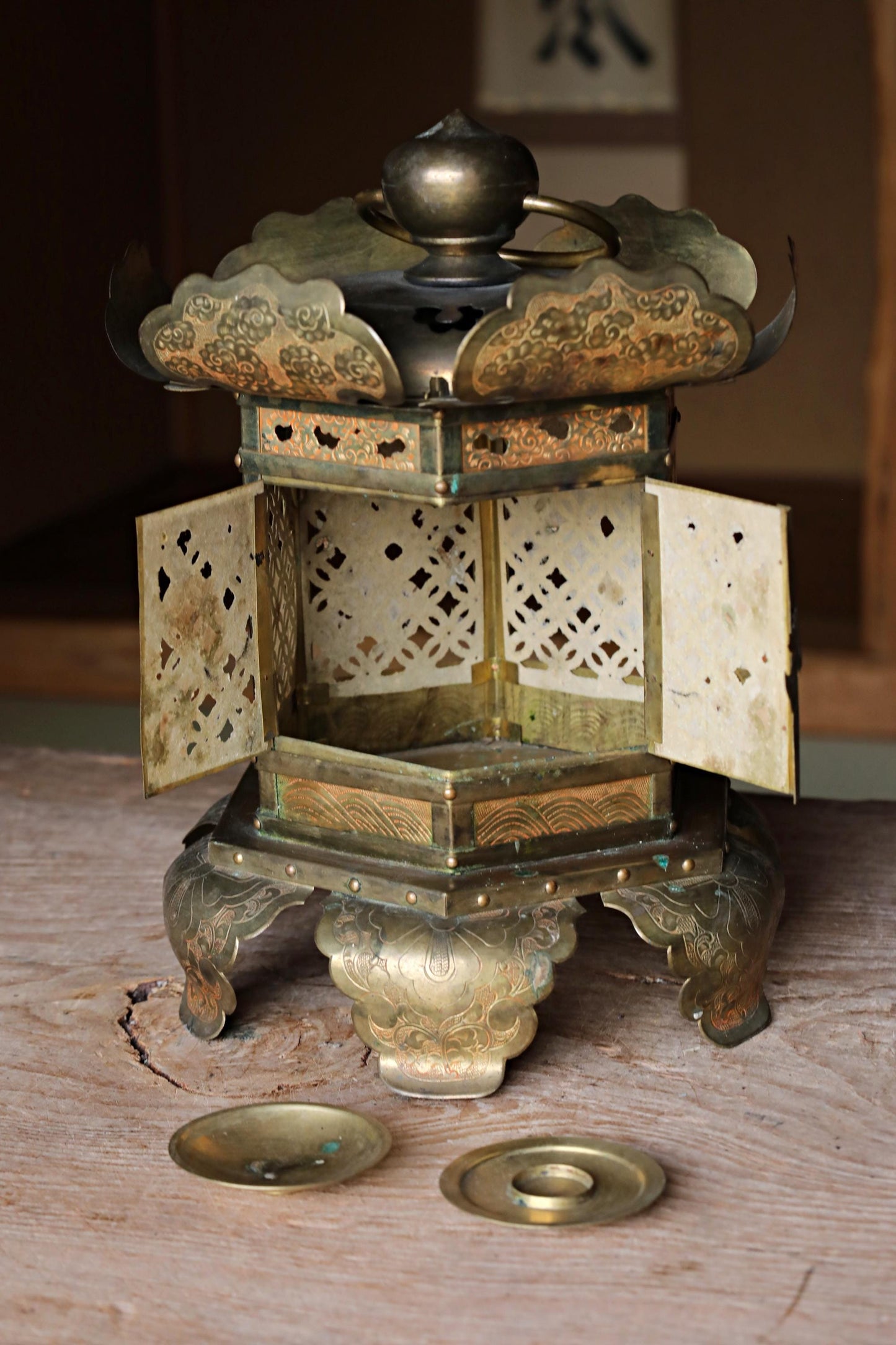 FINE! 1897s Japanese Antiques buddhist hanging lantern gold brass metal hexagonal , lotus design, from Buddhist temple H13.8in/H35cm
