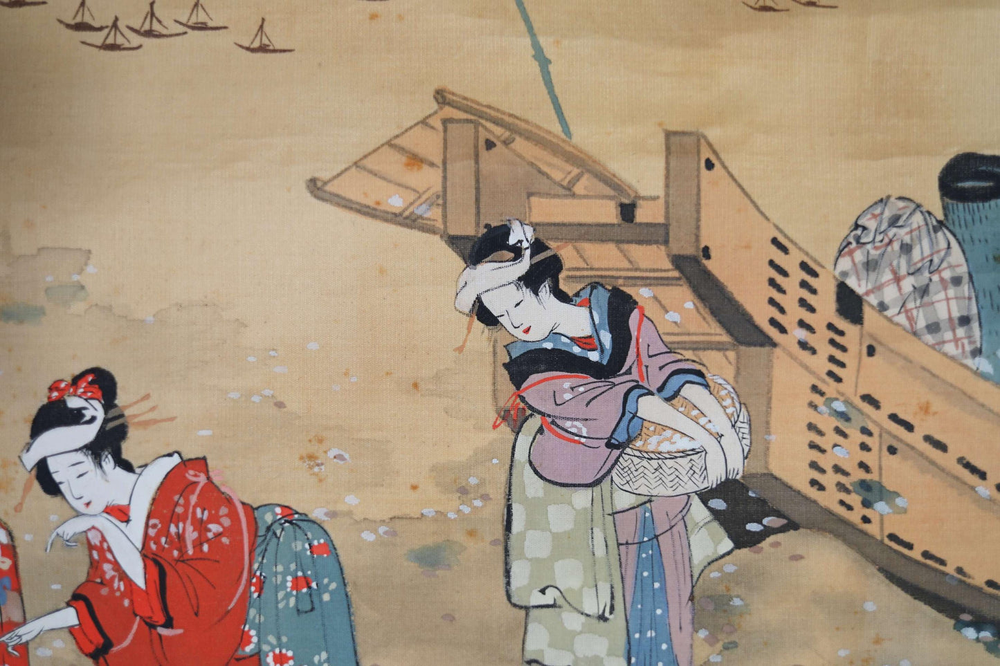 Japanese antique 1900s 輝方 sign brush watercolor hand painting scroll Mothers and Children, KAKEJIKU H47.2in/H120cm