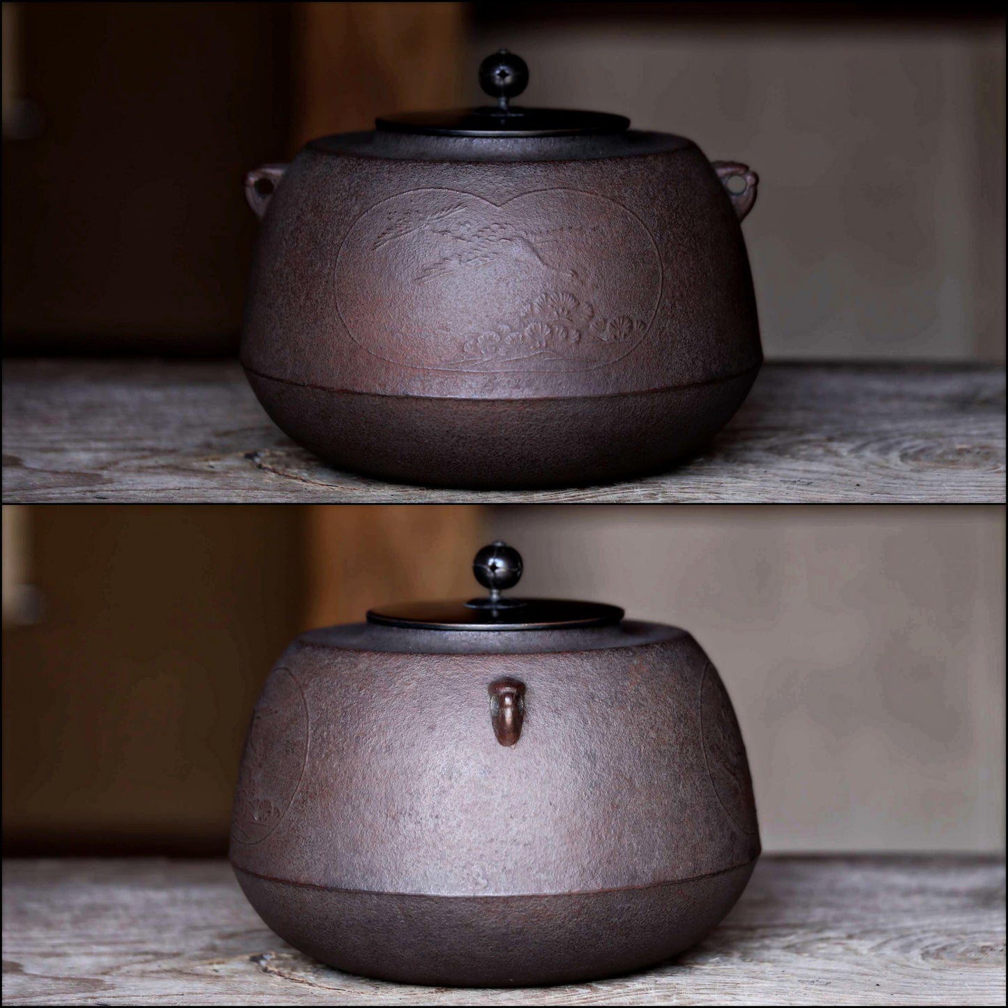 FINE! Japanese vintage cast iron kettle For Tea ceremony with Signed copper lid crane bird Chagama with BOX H7.9×9.8in/H20×25cm Ready to use
