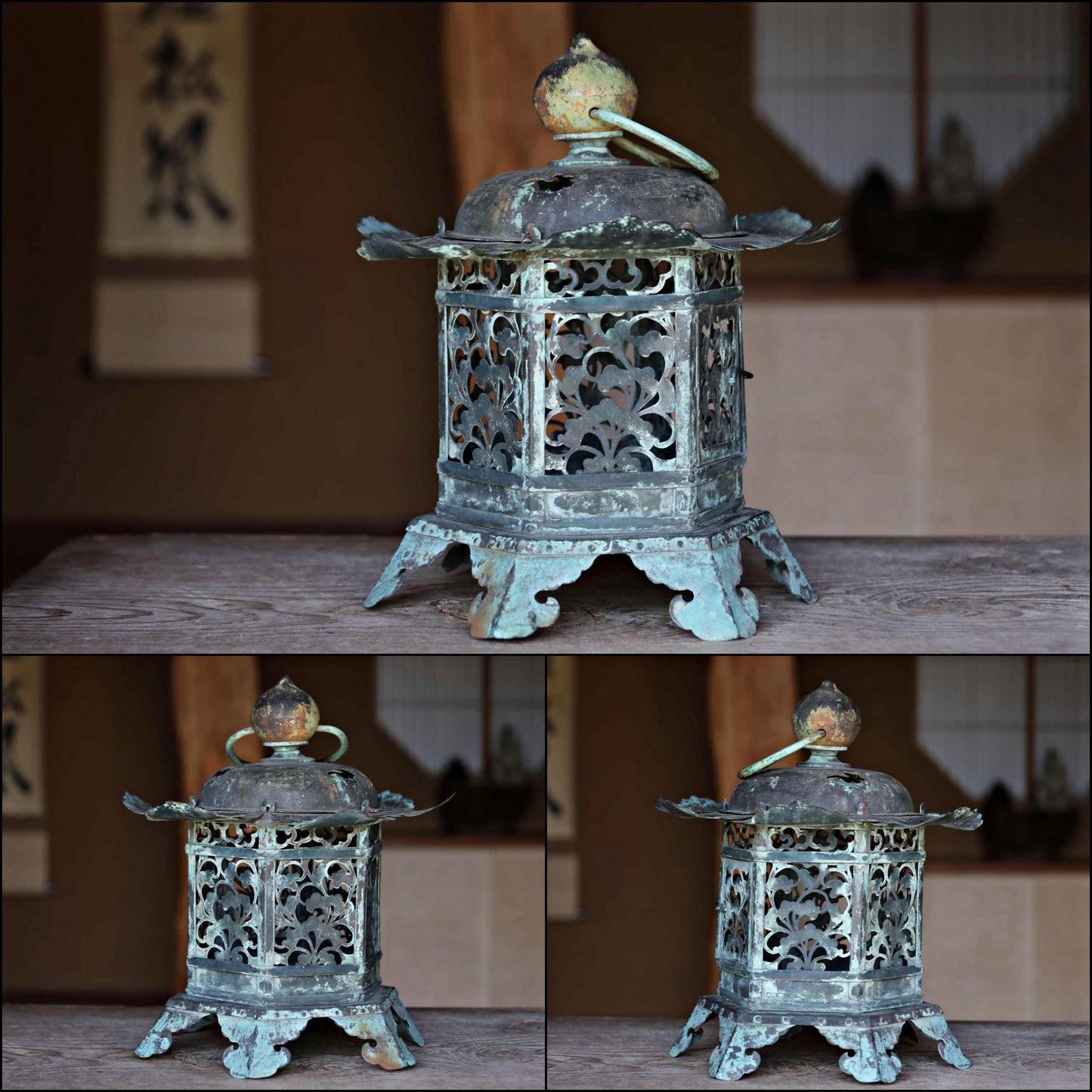 RARE! BIG! Japanese Antique 1800s bronze Lantern Buddhist temple, garden lamp Hanging Lantern Tsuridoro open work H16.1in/H41cm