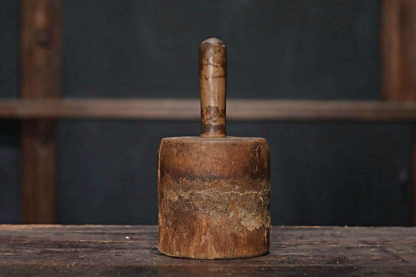 Japanese vintage wooden straw hammer name "KINUTA", MINGEI, Farmer's tool hand craft /wooden pedestal hat rack H9.3×5.1in/H23.5×13cm