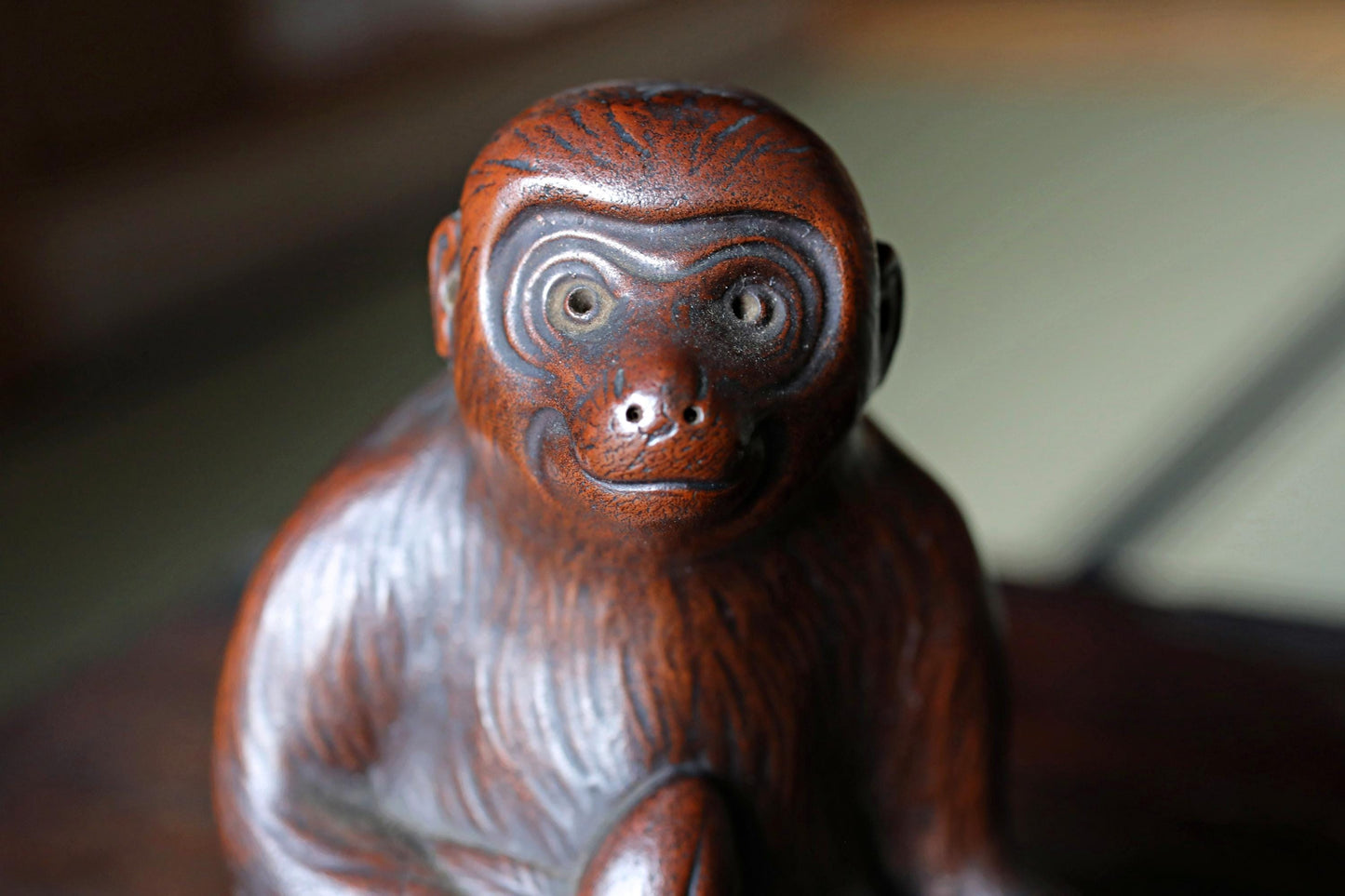 Japanese antique 1800s BIZEN Monkey with fruit doll statue with Kanji signature, animal ornament ceramic statue hand craft H5.9in/H15cm