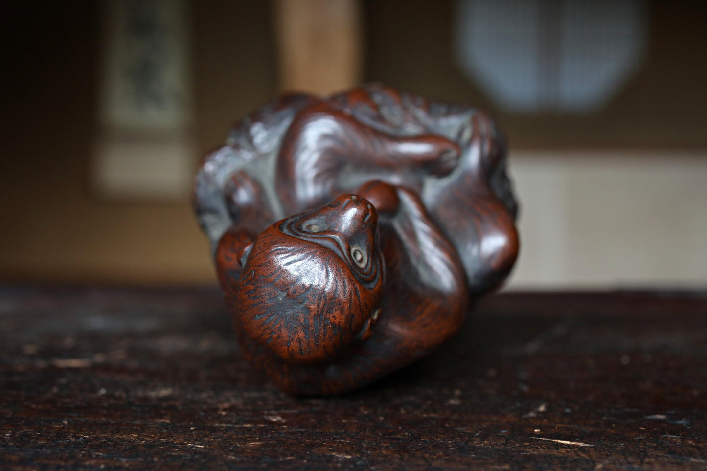Japanese antique 1800s BIZEN Monkey with fruit doll statue with Kanji signature, animal ornament ceramic statue hand craft H5.9in/H15cm