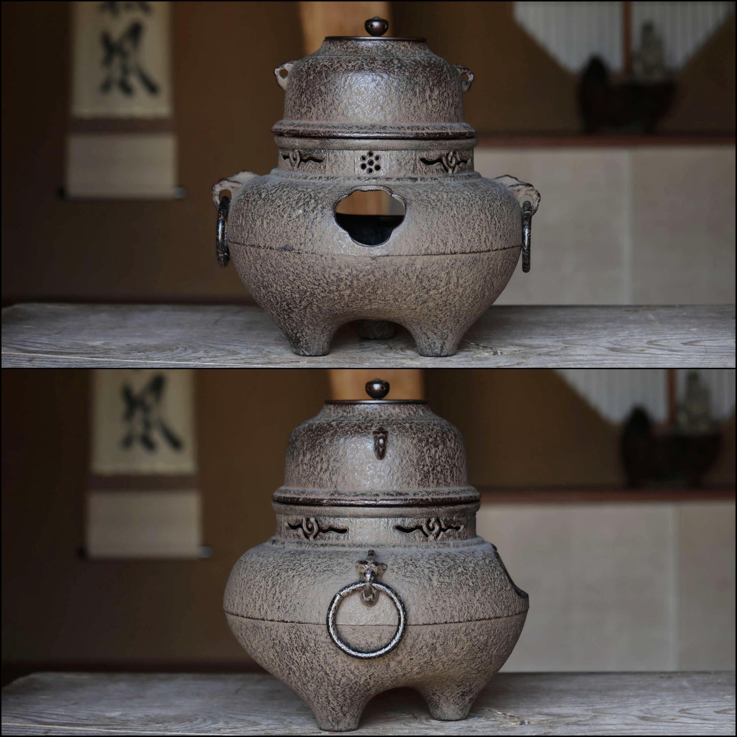 CHAGAMA, 朝鮮風炉 "Chosen Furo" Japanese antique set of cast iron kettle and brazier For Tea ceremony Perfect set 1980s H13×12.6in/H33×32cm