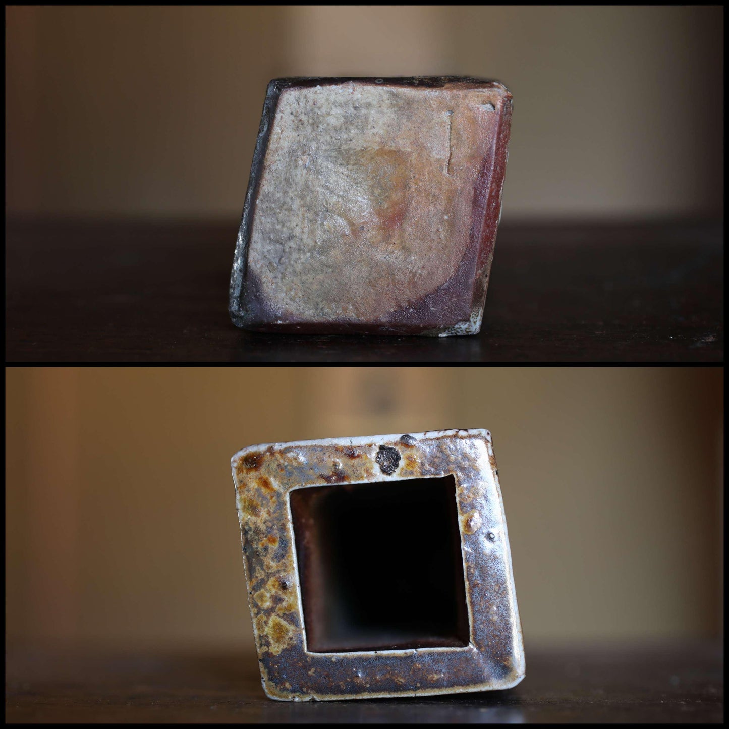 Japanese vintage vase "BIZEN ware" pottery flower vase, rhombus tube shape with a signatured wooden box H7.7xW3.5in/ 19.5x9cm